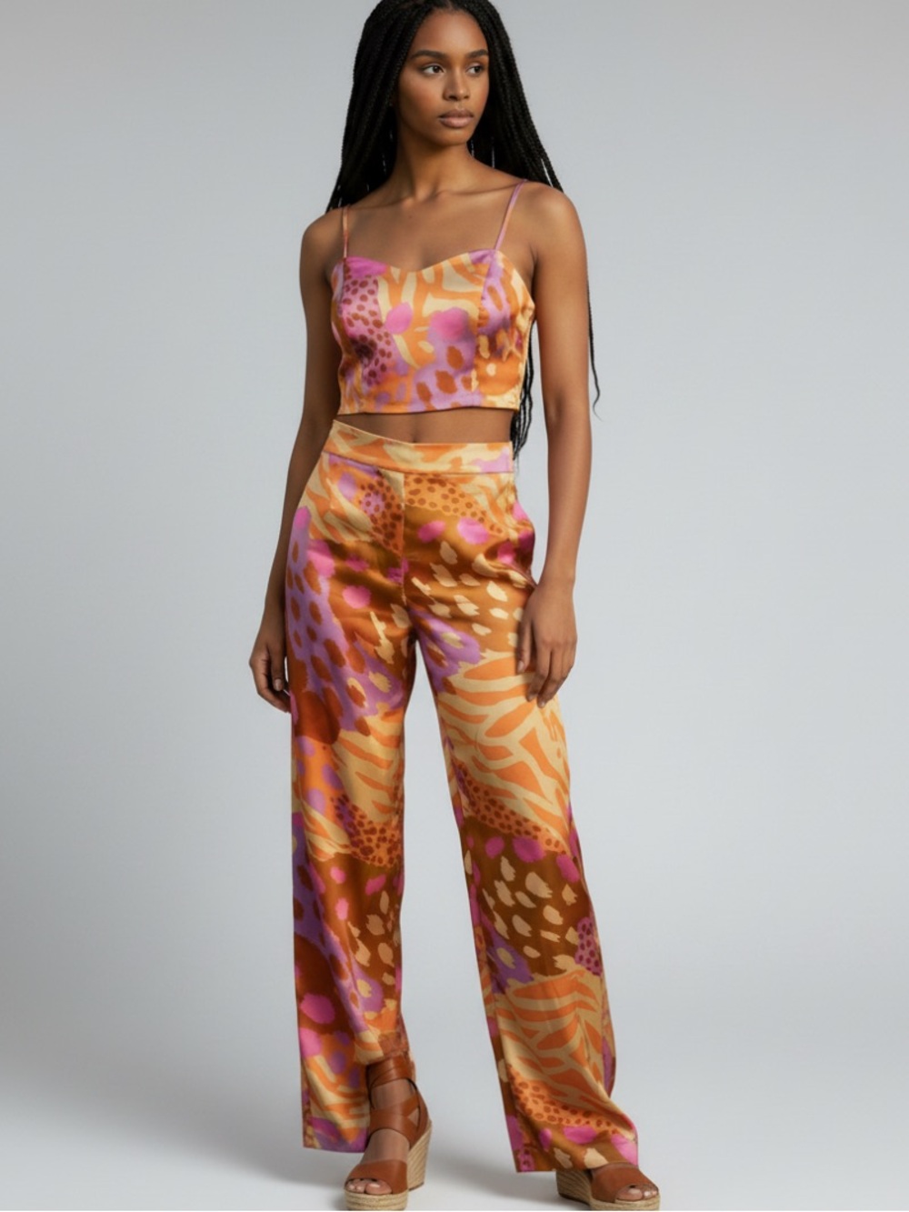 Christian Lacroix designer Satin Wide-Leg Pants in Pink & Orange Abstract Print